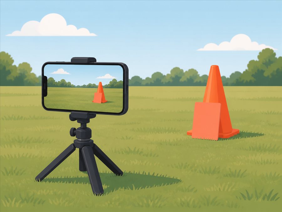 Phone on a tripod pointed at a marker cone