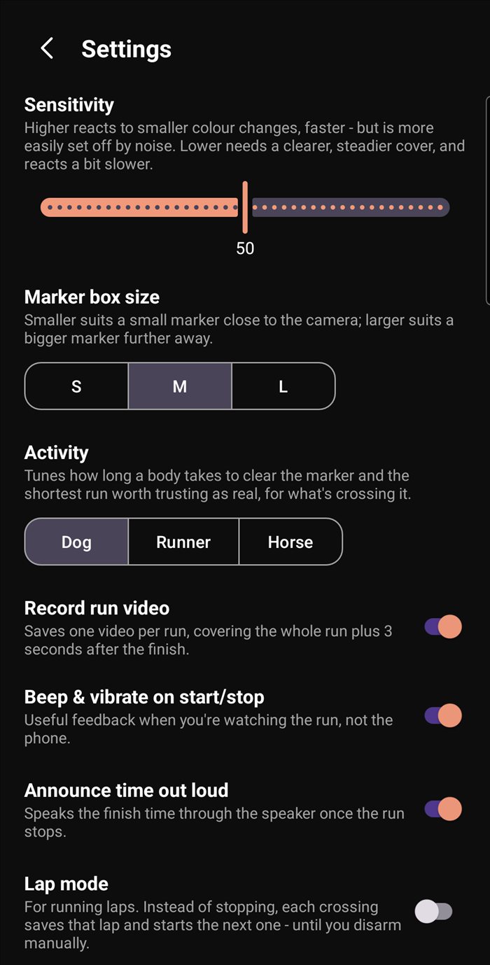 SplitEye sensitivity, marker box size and activity settings